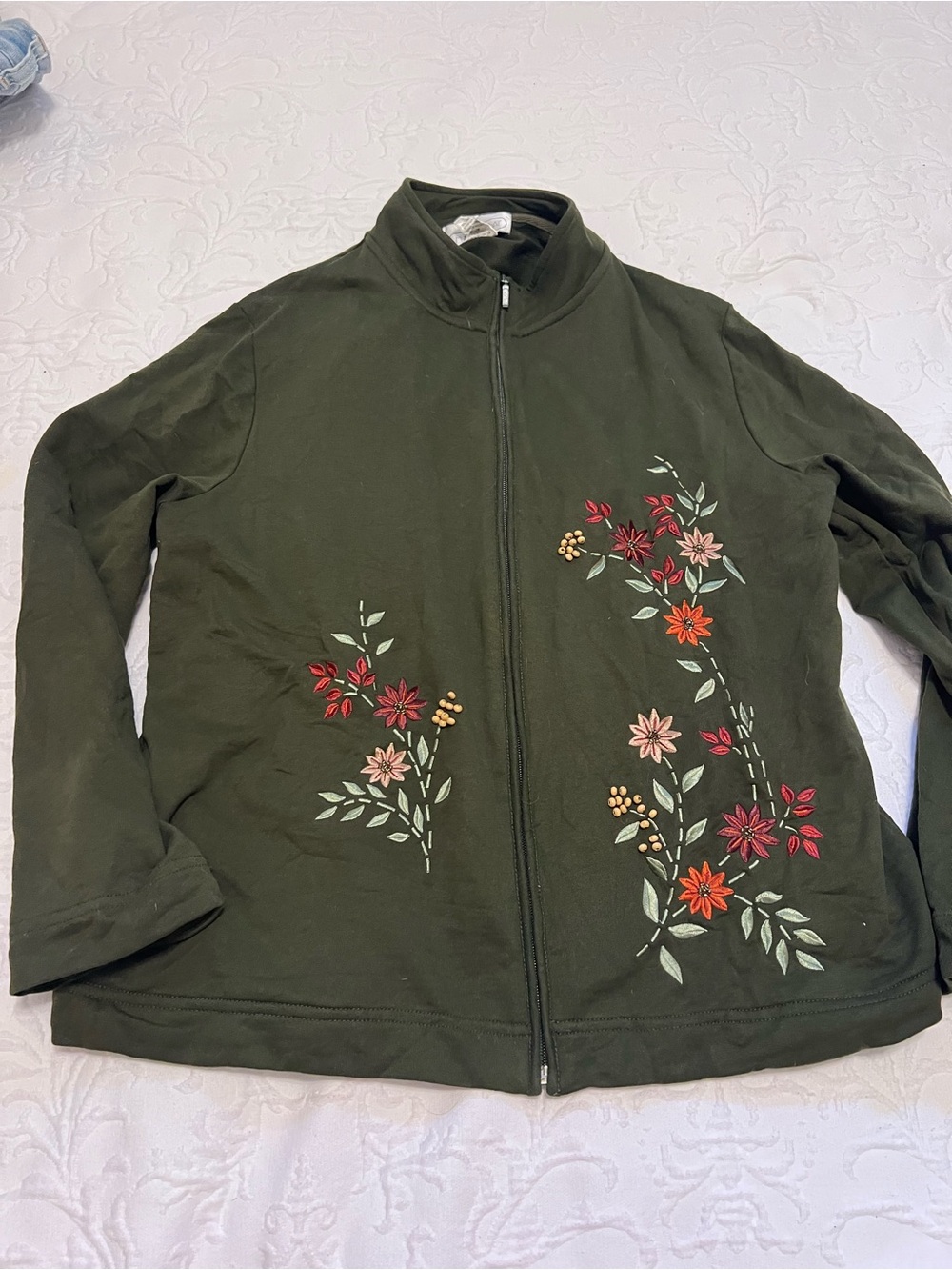 Vintage 90s Mandal Bay Green Cardigan with Embroidered & Beaded Flowers size L